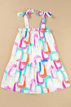 Sale Dear-Lover Abstract Print Knotted Straps Ruffled Mini Dress White
