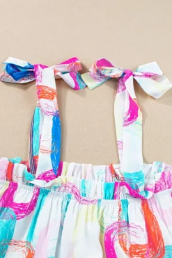 Sale Dear-Lover Abstract Print Knotted Straps Ruffled Mini Dress White