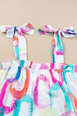 Sale Dear-Lover Abstract Print Knotted Straps Ruffled Mini Dress White