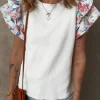 Clearance Dear-Lover Abstract Print Tiered Ruffled Sleeve Textured Knit Top White