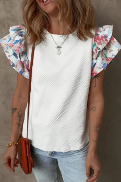 Clearance Dear-Lover Abstract Print Tiered Ruffled Sleeve Textured Knit Top White