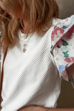 Clearance Dear-Lover Abstract Print Tiered Ruffled Sleeve Textured Knit Top White