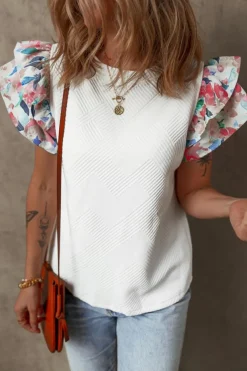 Clearance Dear-Lover Abstract Print Tiered Ruffled Sleeve Textured Knit Top White