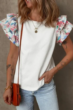 Clearance Dear-Lover Abstract Print Tiered Ruffled Sleeve Textured Knit Top White