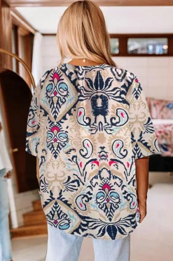 Sale Dear-Lover Abstract Printed Notched V Neck Split Half Sleeve Blouse White
