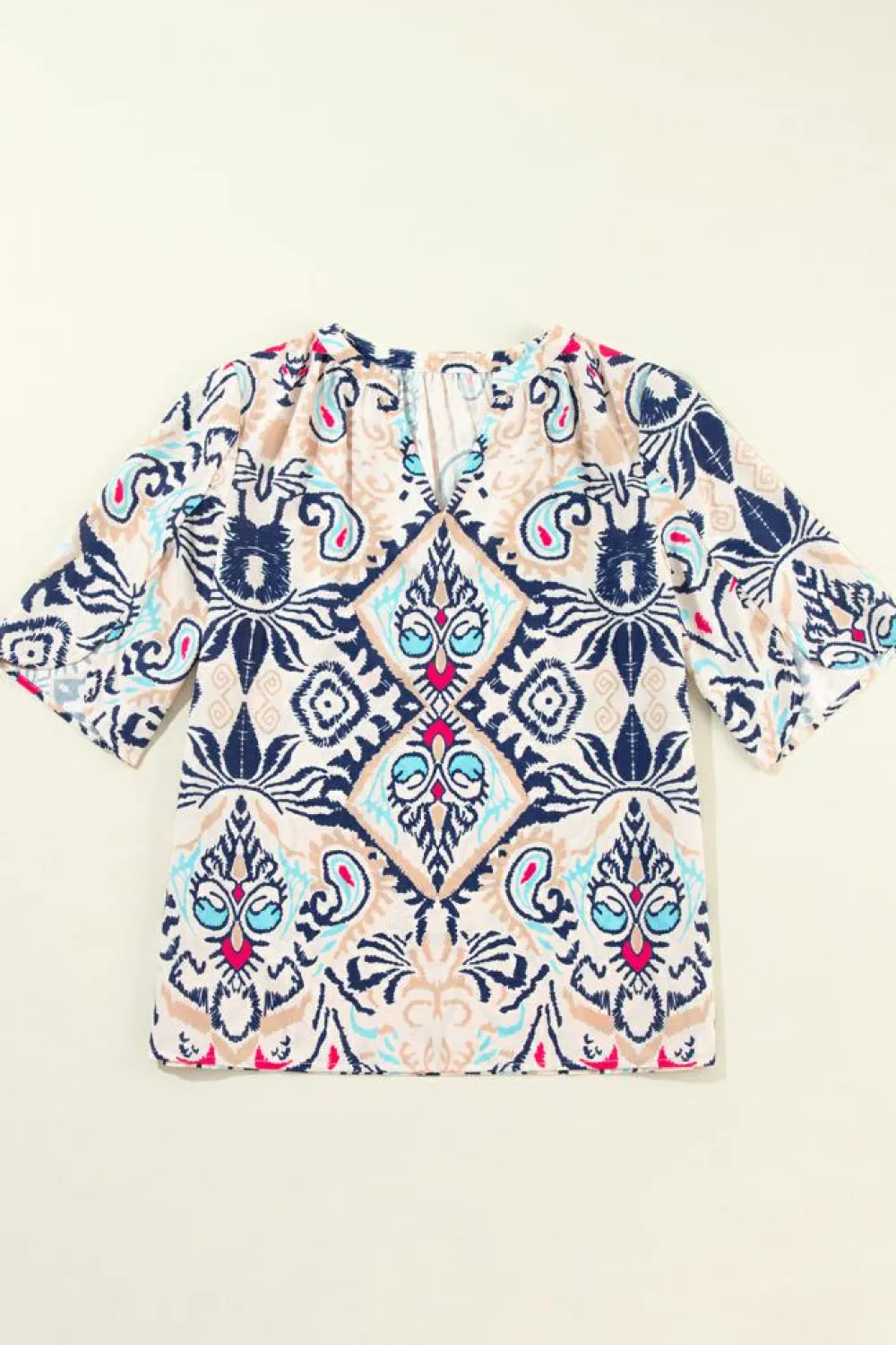 Sale Dear-Lover Abstract Printed Notched V Neck Split Half Sleeve Blouse White