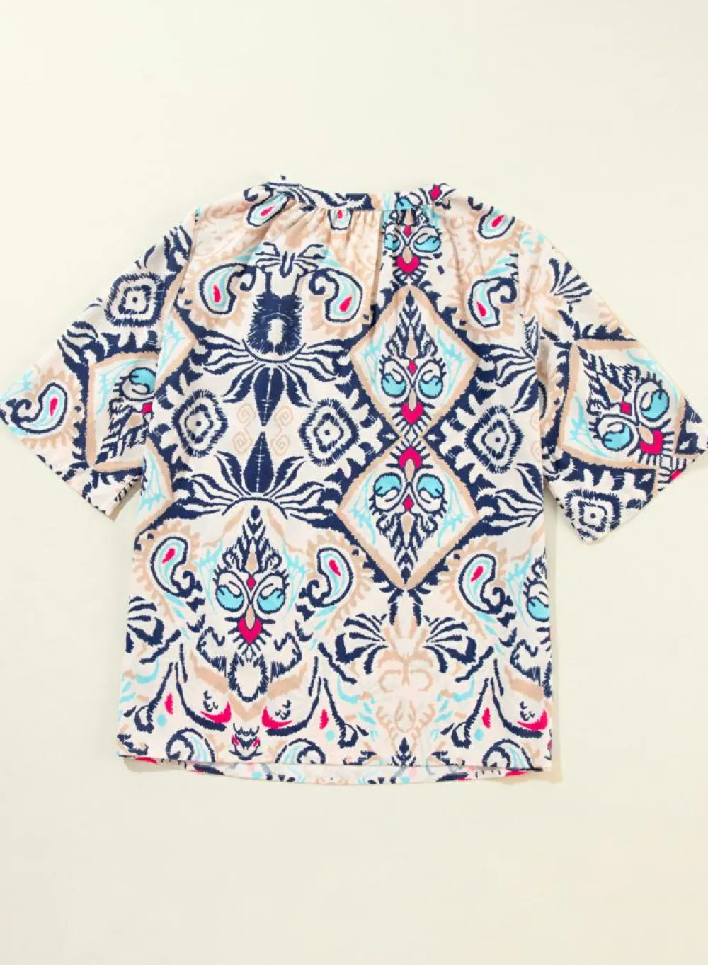 Sale Dear-Lover Abstract Printed Notched V Neck Split Half Sleeve Blouse White