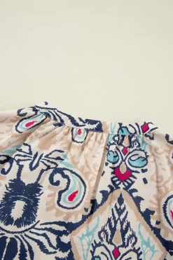 Sale Dear-Lover Abstract Printed Notched V Neck Split Half Sleeve Blouse White