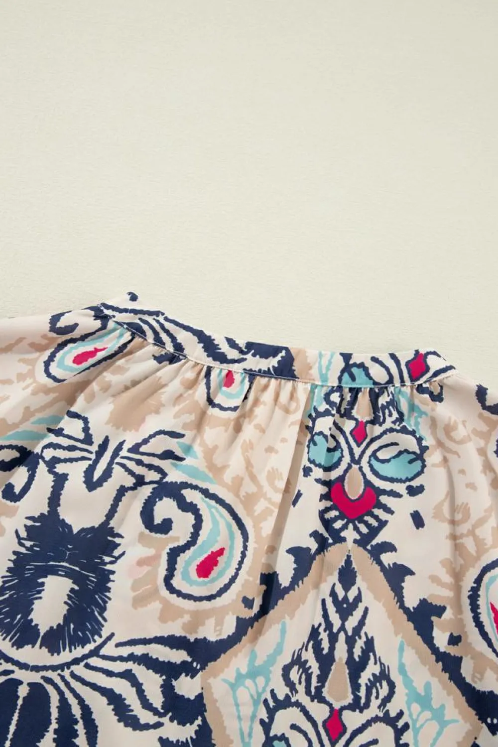 Sale Dear-Lover Abstract Printed Notched V Neck Split Half Sleeve Blouse White