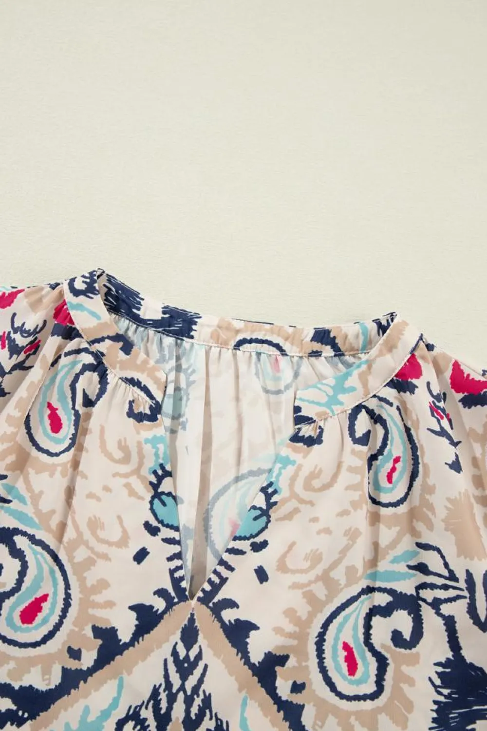 Sale Dear-Lover Abstract Printed Notched V Neck Split Half Sleeve Blouse White