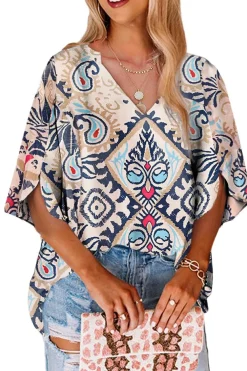 Sale Dear-Lover Abstract Printed Notched V Neck Split Half Sleeve Blouse White