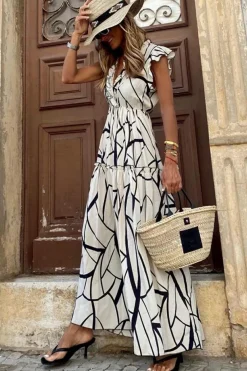 Outlet Dear-Lover Abstract Vein Print V Neck Ruffle Maxi Dress White