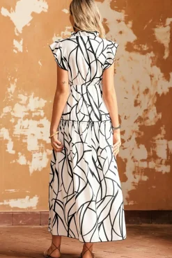 Outlet Dear-Lover Abstract Vein Print V Neck Ruffle Maxi Dress White