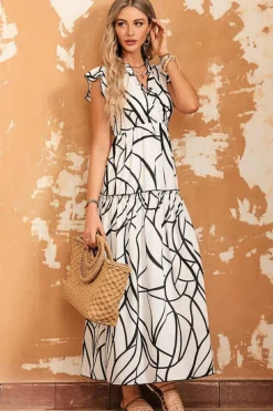 Outlet Dear-Lover Abstract Vein Print V Neck Ruffle Maxi Dress White