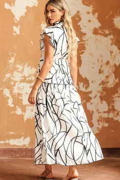Outlet Dear-Lover Abstract Vein Print V Neck Ruffle Maxi Dress White
