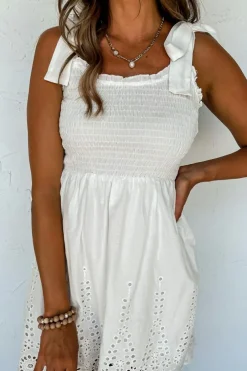 Best Dear-Lover Adjustable Tie Straps Smocked Mini Dress White