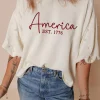 Discount Dear-Lover America EST 1776 Embroidered Pearl Beaded Sleeve T Shirt White