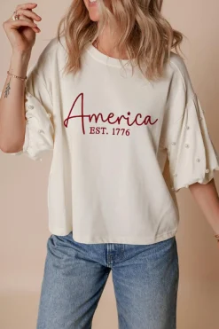 Discount Dear-Lover America EST 1776 Embroidered Pearl Beaded Sleeve T Shirt White