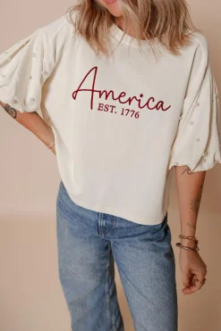Discount Dear-Lover America EST 1776 Embroidered Pearl Beaded Sleeve T Shirt White