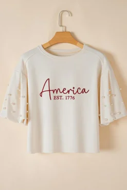Discount Dear-Lover America EST 1776 Embroidered Pearl Beaded Sleeve T Shirt White
