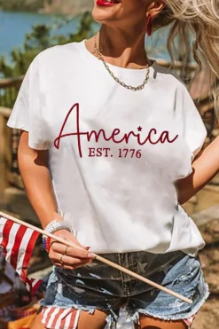 Discount Dear-Lover America EST.1776 Embroidered Graphic Tee White