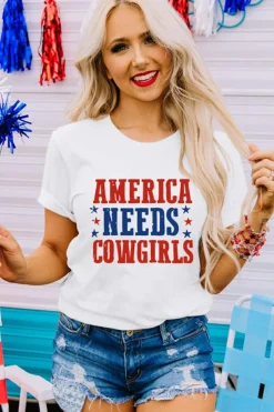 Hot Dear-Lover America Needs Cowgirls Crew Neck Graphic Tee White