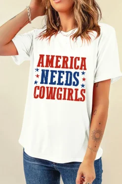 Hot Dear-Lover America Needs Cowgirls Crew Neck Graphic Tee White