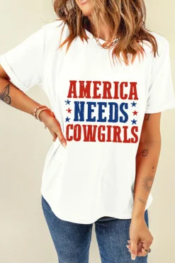 Hot Dear-Lover America Needs Cowgirls Crew Neck Graphic Tee White