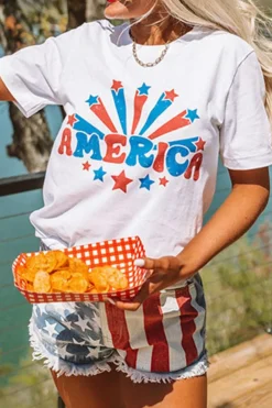 Hot Dear-Lover AMERICA Star Graphic Round Neck Tee White