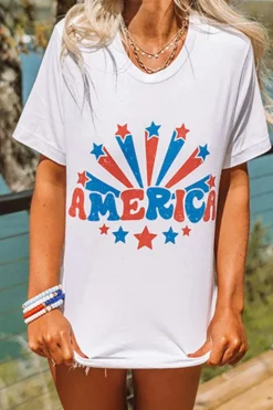 Hot Dear-Lover AMERICA Star Graphic Round Neck Tee White
