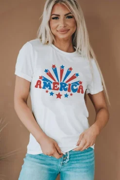 Hot Dear-Lover AMERICA Star Graphic Round Neck Tee White