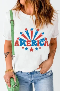 Hot Dear-Lover AMERICA Star Graphic Round Neck Tee White