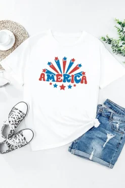 Hot Dear-Lover AMERICA Star Graphic Round Neck Tee White
