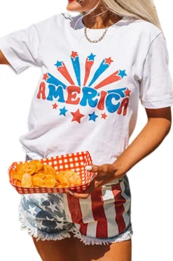 Hot Dear-Lover AMERICA Star Graphic Round Neck Tee White