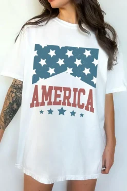 Best Dear-Lover AMERICA Stars Print Round Neck Oversized T Shirt White