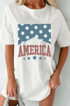 Best Dear-Lover AMERICA Stars Print Round Neck Oversized T Shirt White
