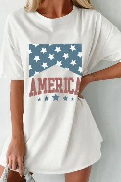 Best Dear-Lover AMERICA Stars Print Round Neck Oversized T Shirt White