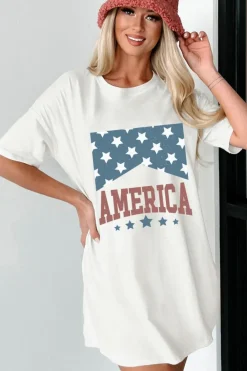 Best Dear-Lover AMERICA Stars Print Round Neck Oversized T Shirt White