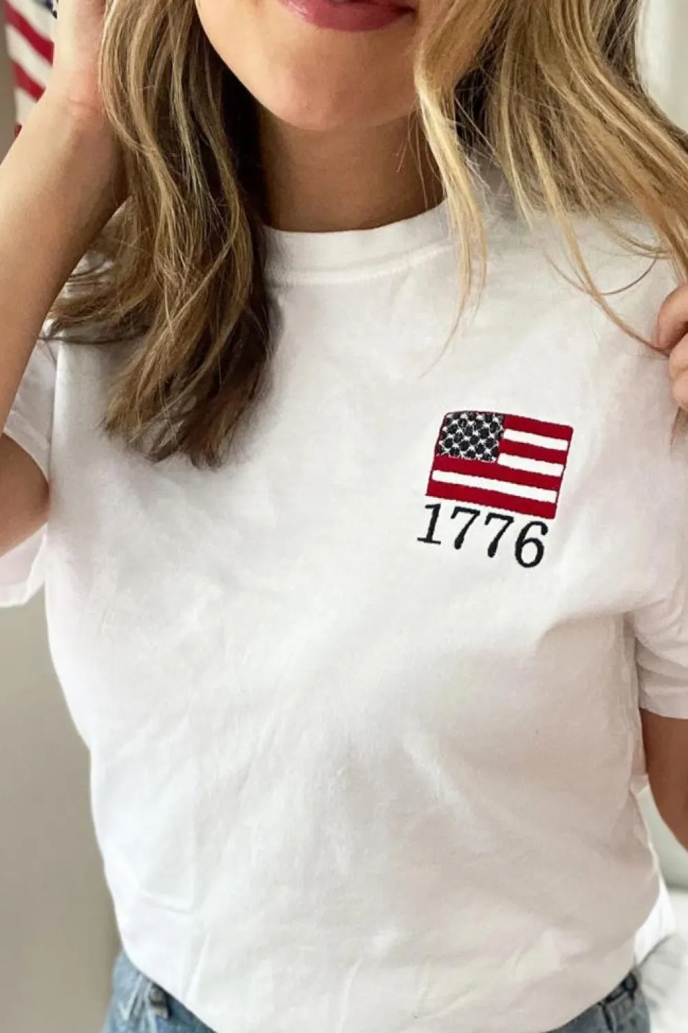 Online Dear-Lover American Flag 1776 Embroidered Pattern Crew Neck Tee White