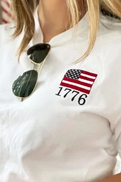 Online Dear-Lover American Flag 1776 Embroidered Pattern Crew Neck Tee White