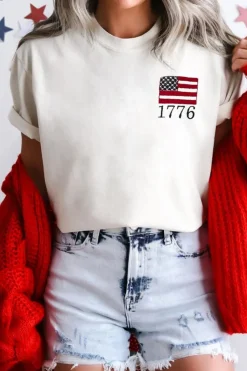 Online Dear-Lover American Flag 1776 Embroidered Pattern Crew Neck Tee White