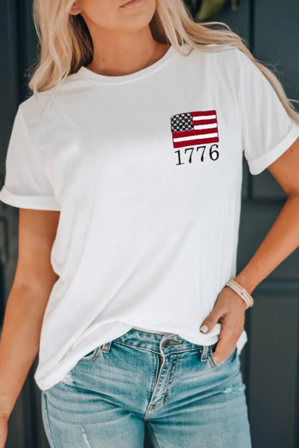 Online Dear-Lover American Flag 1776 Embroidered Pattern Crew Neck Tee White
