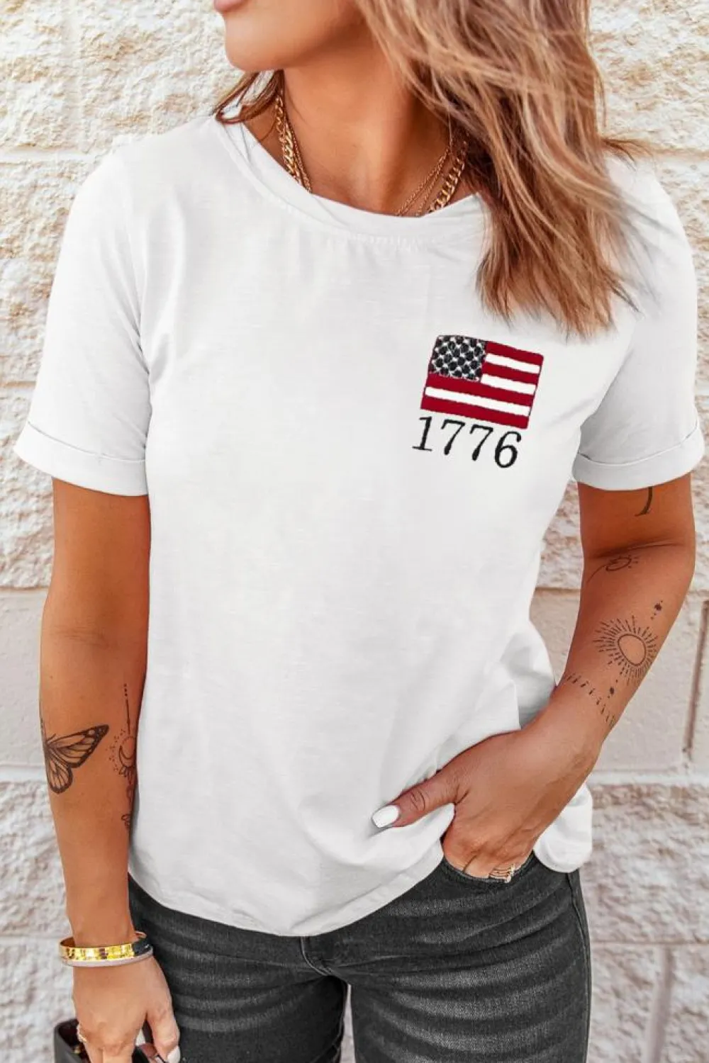 Online Dear-Lover American Flag 1776 Embroidered Pattern Crew Neck Tee White