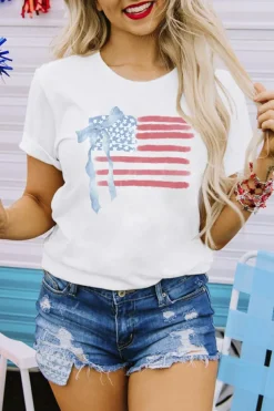 Discount Dear-Lover American Flag Bow Knot Print Crew Neck T Shirt White