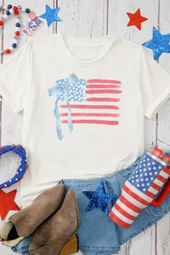 Discount Dear-Lover American Flag Bow Knot Print Crew Neck T Shirt White