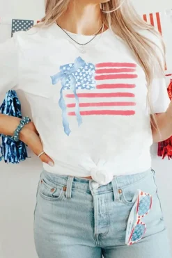 Discount Dear-Lover American Flag Bow Knot Print Crew Neck T Shirt White