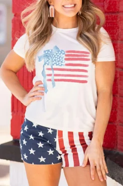 Discount Dear-Lover American Flag Bow Knot Print Crew Neck T Shirt White