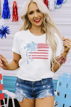 Discount Dear-Lover American Flag Bow Knot Print Crew Neck T Shirt White