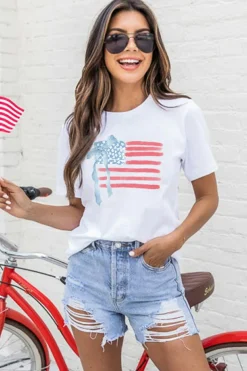 Discount Dear-Lover American Flag Bow Knot Print Crew Neck T Shirt White