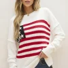 Discount Dear-Lover American Flag Cable Knit Drop Shoulder Sweater White